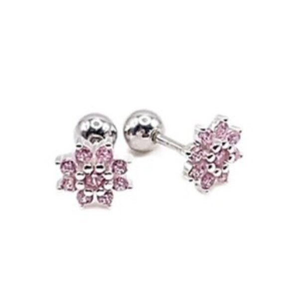 Aretes Flor 8 Pétalos con Circonios Rosados Cierre de Rosca-Plata 925