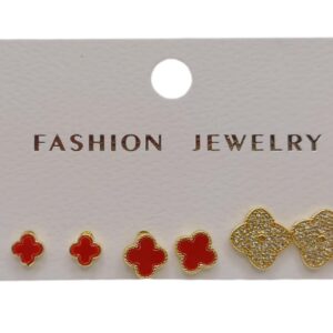 Set de 3 Pares de Aretes de Trébol Rojos - Enchapado en Oro - 5566