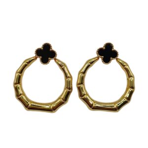 Aretes de Acero - Estilo Bambú con Trébol 4 hojas Negro - 4235