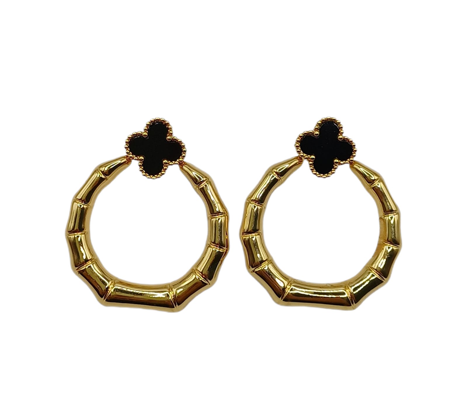 Aretes de Acero - Estilo Bambú con Trébol 4 hojas Negro - 4235