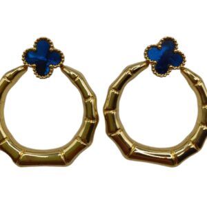 Aretes de Acero - Estilo Bambú con Trébol 4 hojas Azul - 4234
