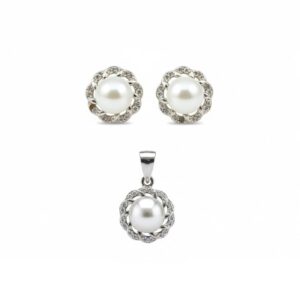 Juego de Plata 925 - Flor de Circonios con Perla
