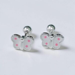 Aretes de Plata 925- Mariposa Blanca Puntos Rosados 9337