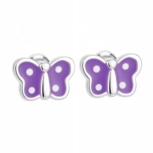 Aretes de Plata 925- Mariposa Lila Puntos Blancos 9337