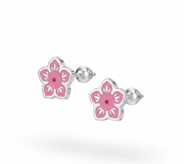Aretes de Plata 925 - Flor Rosada 5 Pétalos 9334